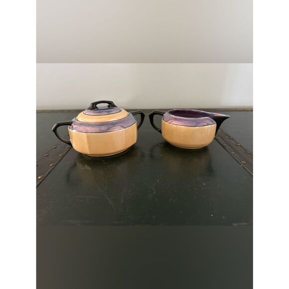 Other - Vintage Blue & Orange/peach Lusterware Lidded Sugar Bowl & Creamer Set Germany